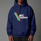 Navy blue hoodie with 'ARC Raiders' logo on a gray background