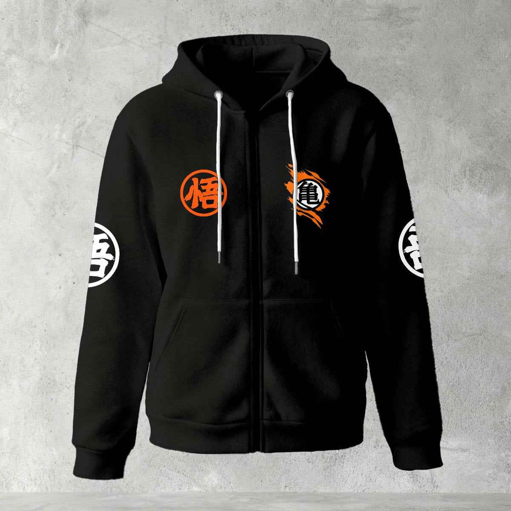 Dragon Ball Z Goku "Go" Kanji Symbol Zip-Up Hoodie | Black Anime Streetwear