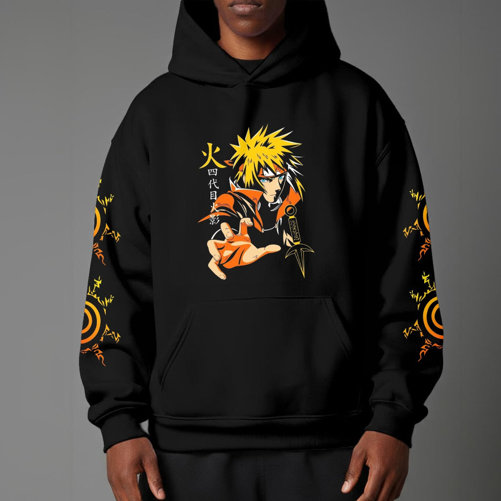 Black pullover hoodie featuring Naruto Uzumaki portrait on chest and vertical orange Japanese Kanji text on sleeves, worn by model on grey background.