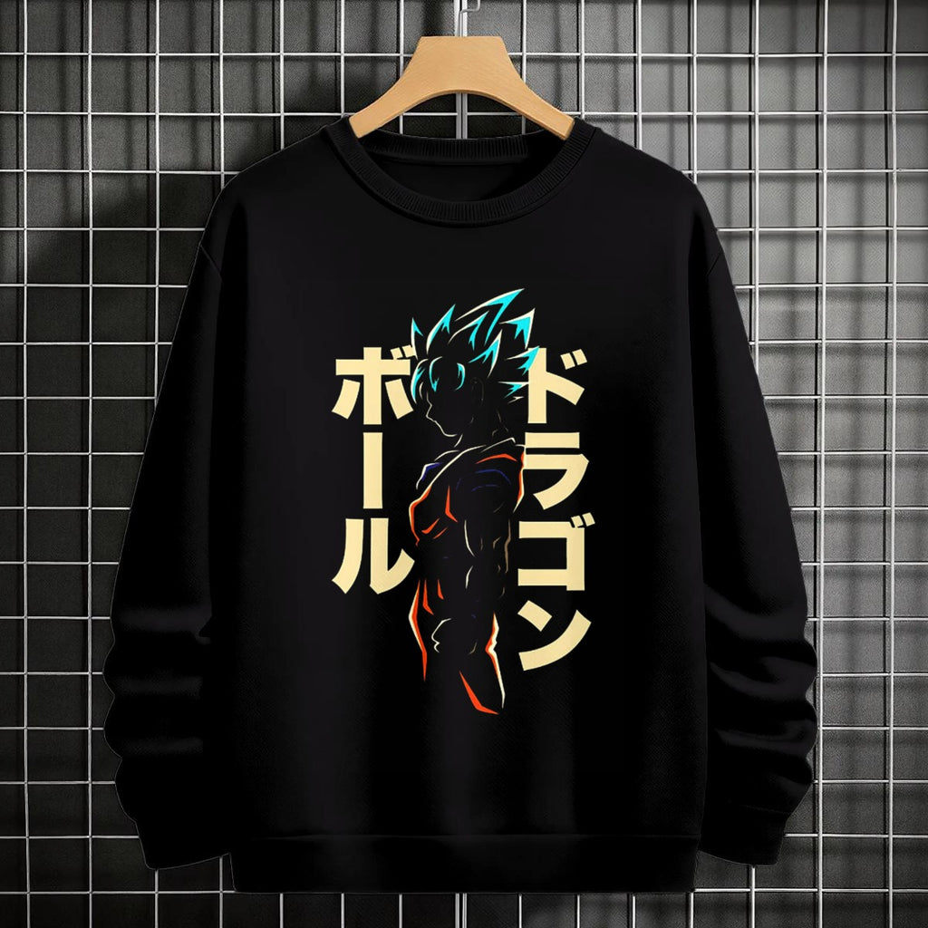Black crewneck sweatshirt featuring Goku shadow silhouette with blue and pink neon aura and vertical Japanese text, flat lay on grey background.