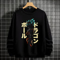 Black crewneck sweatshirt featuring Goku shadow silhouette with blue and pink neon aura and vertical Japanese text, flat lay on grey background.