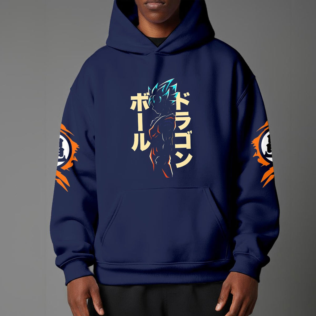 Black pullover hoodie with orange Goku silhouette on chest and vintage 1984 Dragon Ball graphics on sleeves, worn by model on grey background.