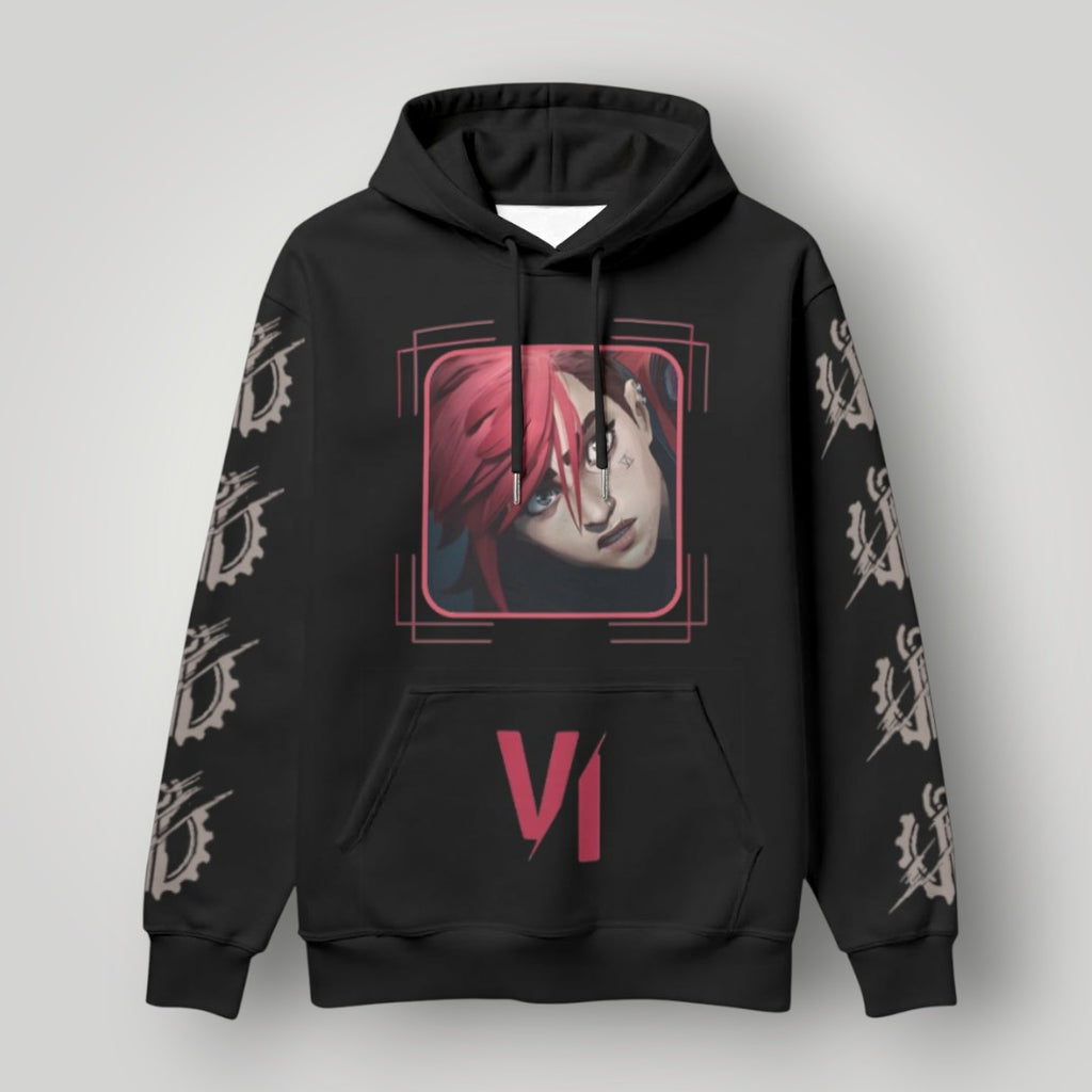 Arcane Vi inspired gamer hoodie front view

League of Legends Vi fan hoodie black

Anime streetwear Vi cosplay hoodie

Arcane style cyberpunk gamer sweatshirt