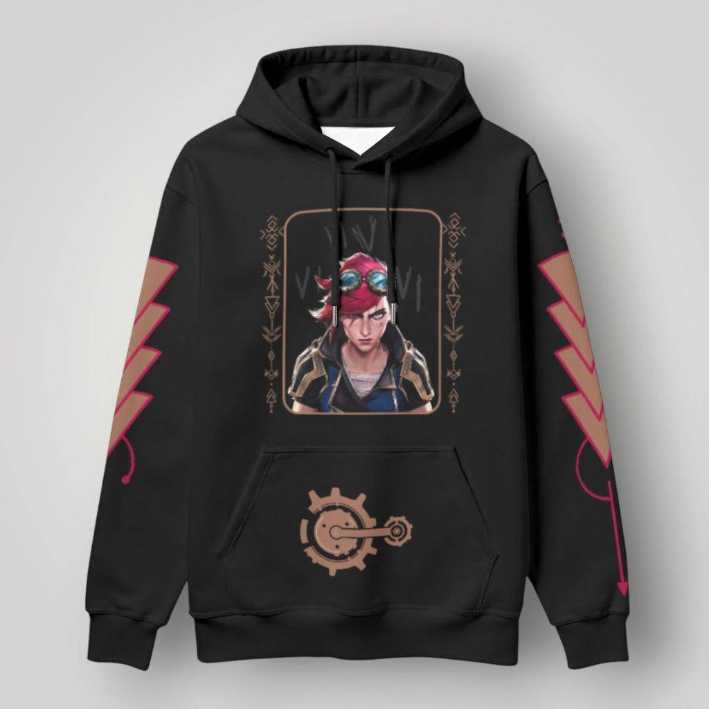 Arcane Vi inspired gamer hoodie front view

League of Legends Vi fan hoodie black

Anime streetwear Vi cosplay hoodie

Arcane style cyberpunk gamer sweatshirt