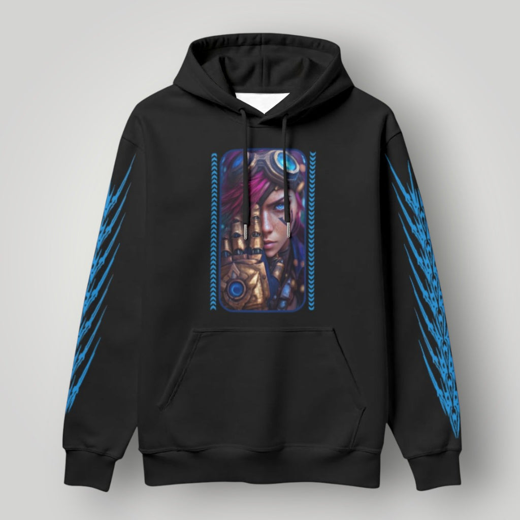 Arcane Vi inspired gamer hoodie front view

League of Legends Vi fan hoodie black

Anime streetwear Vi cosplay hoodie

Arcane style cyberpunk gamer sweatshirt