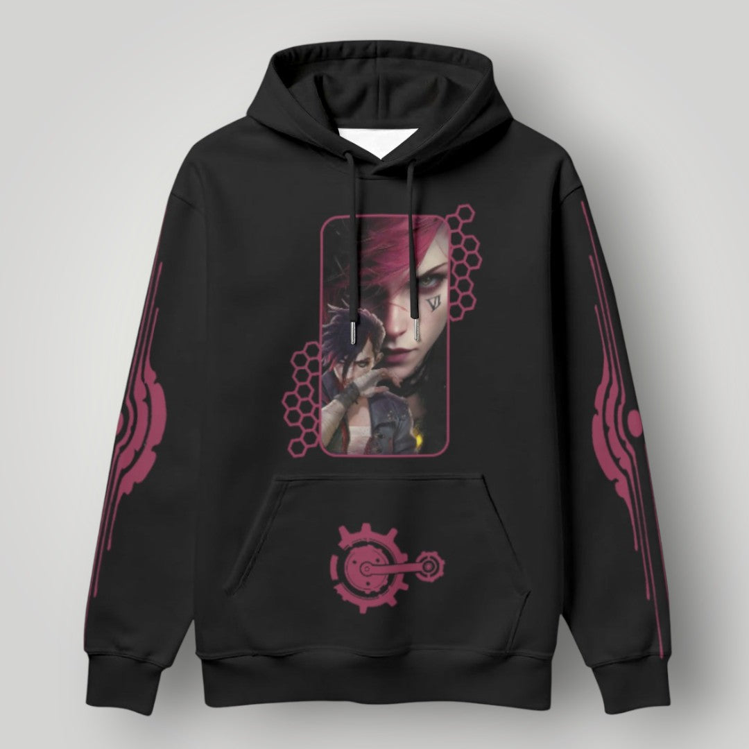 Arcane Vi inspired gamer hoodie front view

League of Legends Vi fan hoodie black

Anime streetwear Vi cosplay hoodie

Arcane style cyberpunk gamer sweatshirt