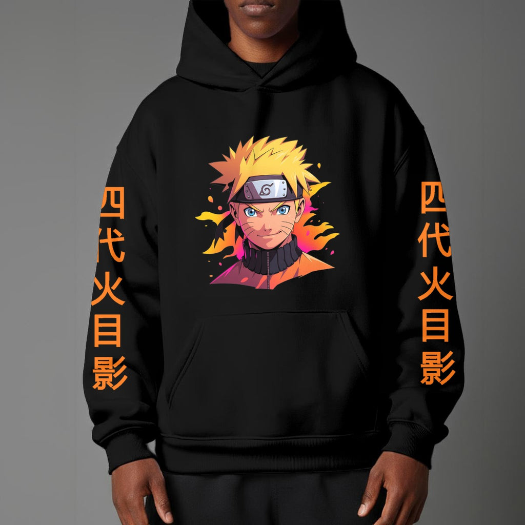 Black pullover hoodie featuring Naruto Uzumaki portrait on chest and vertical orange Japanese Kanji text on sleeves, worn by model on grey background.