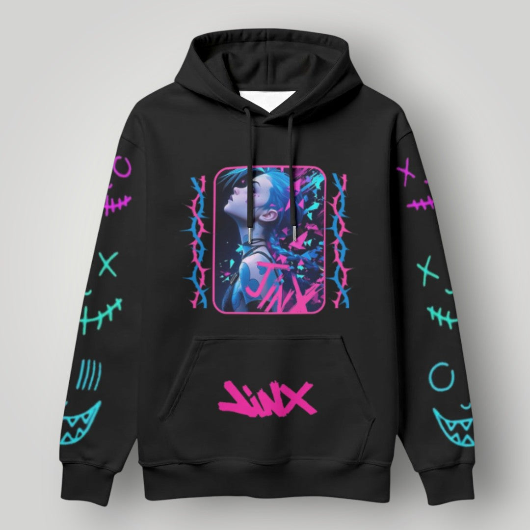 Arcane Jinx inspired neon gamer hoodie

Jinx Arcane anime cyberpunk hoodie

League of Legends Jinx fan hoodie black

Neon anime streetwear gamer sweatshirt