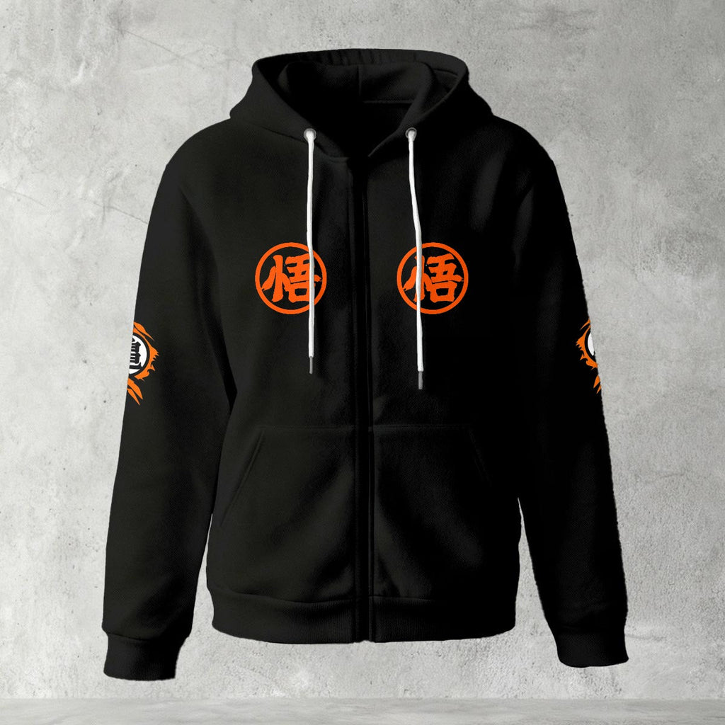 Dragon Ball Z Goku "Go" Kanji Symbol Zip-Up Hoodie | Black Anime Streetwear