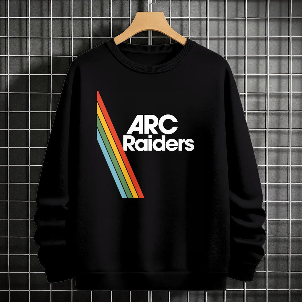 Black sweatshirt with 'ARC Raiders' logo on a hanger against a tiled wall.