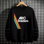 Black sweatshirt with 'ARC Raiders' logo on a hanger against a tiled wall.
