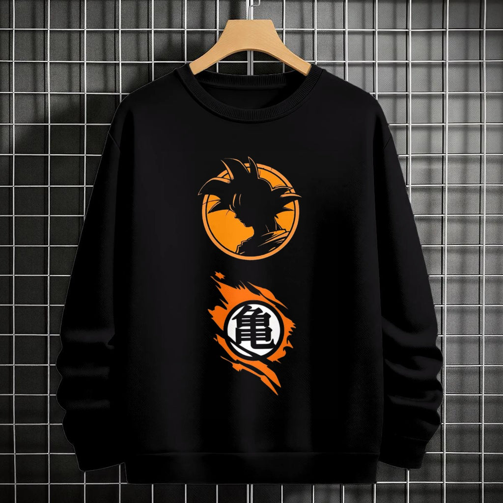 Black crewneck sweatshirt featuring Goku shadow silhouette with blue and pink neon aura and vertical Japanese text, flat lay on grey background.