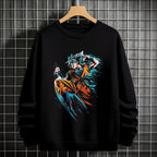 Black crewneck sweatshirt featuring Goku shadow silhouette with blue and pink neon aura and vertical Japanese text, flat lay on grey background.