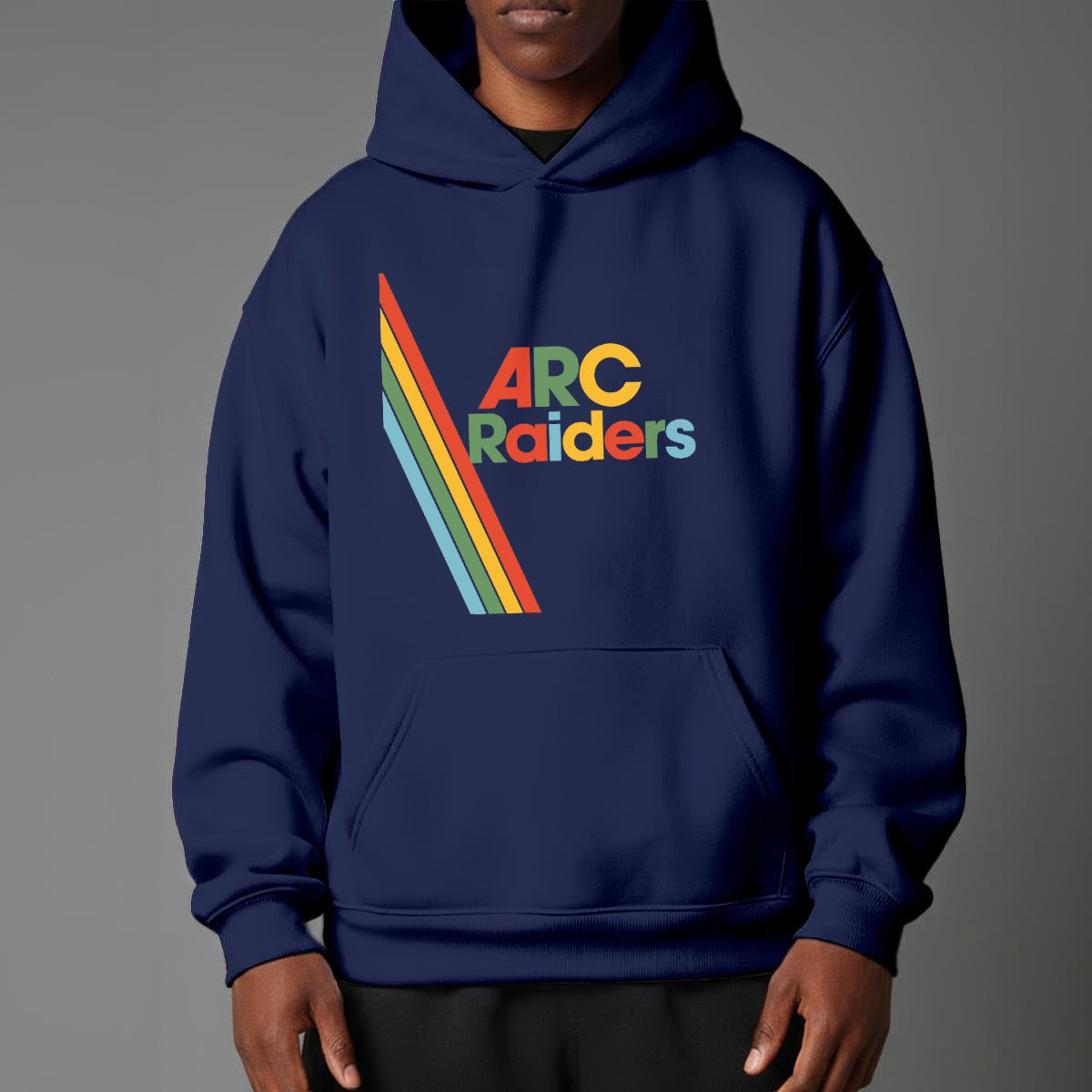 Navy blue hoodie with colorful 'ARC Raiders' design on a gray background