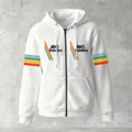 White hoodie with rainbow striped sleeves and 'ARC Raiders' logo on a gray background