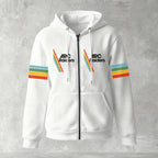 White hoodie with rainbow striped sleeves and 'ARC Raiders' logo on a gray background
