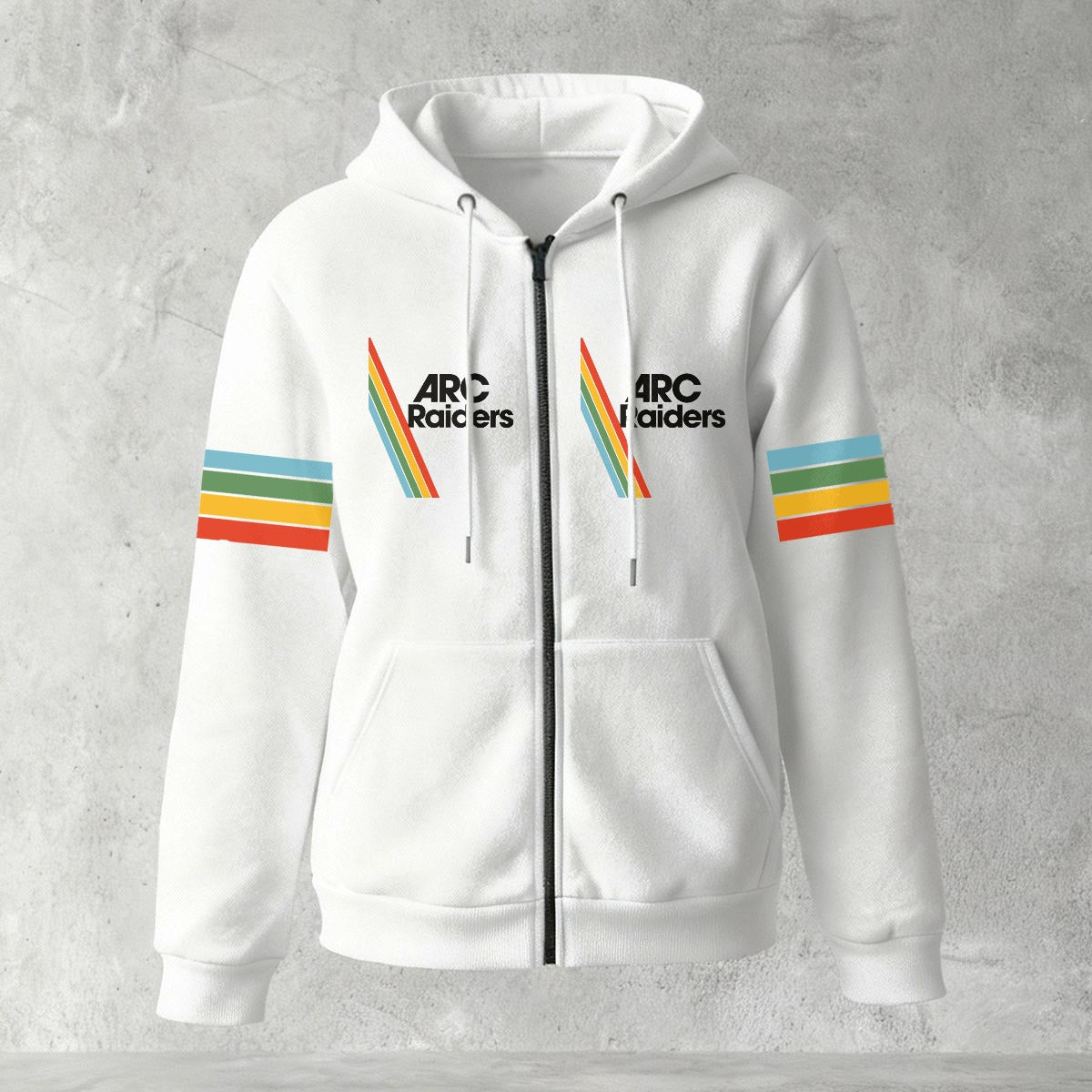 White hoodie with rainbow striped sleeves and 'ARC Raiders' logo on a gray background