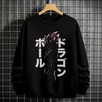 Black crewneck sweatshirt featuring Goku shadow silhouette with blue and pink neon aura and vertical Japanese text, flat lay on grey background.