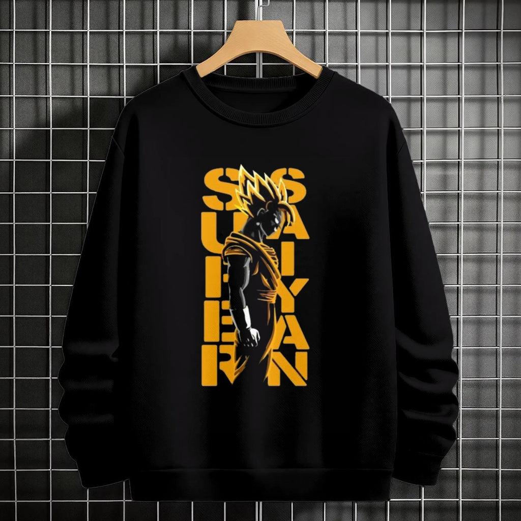 Black crewneck sweatshirt featuring Goku shadow silhouette with blue and pink neon aura and vertical Japanese text, flat lay on grey background.