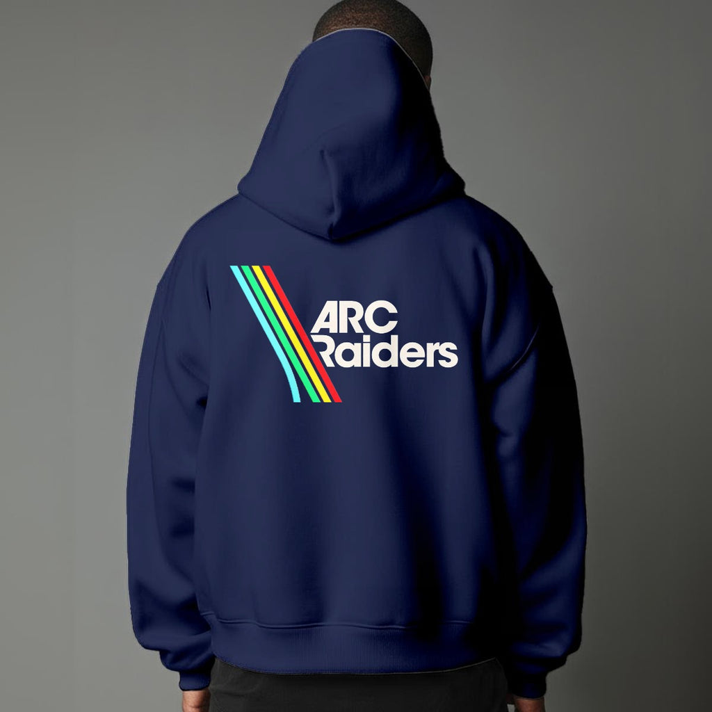 Person wearing a navy hoodie with 'ARC Raiders' logo on the back against a gray background