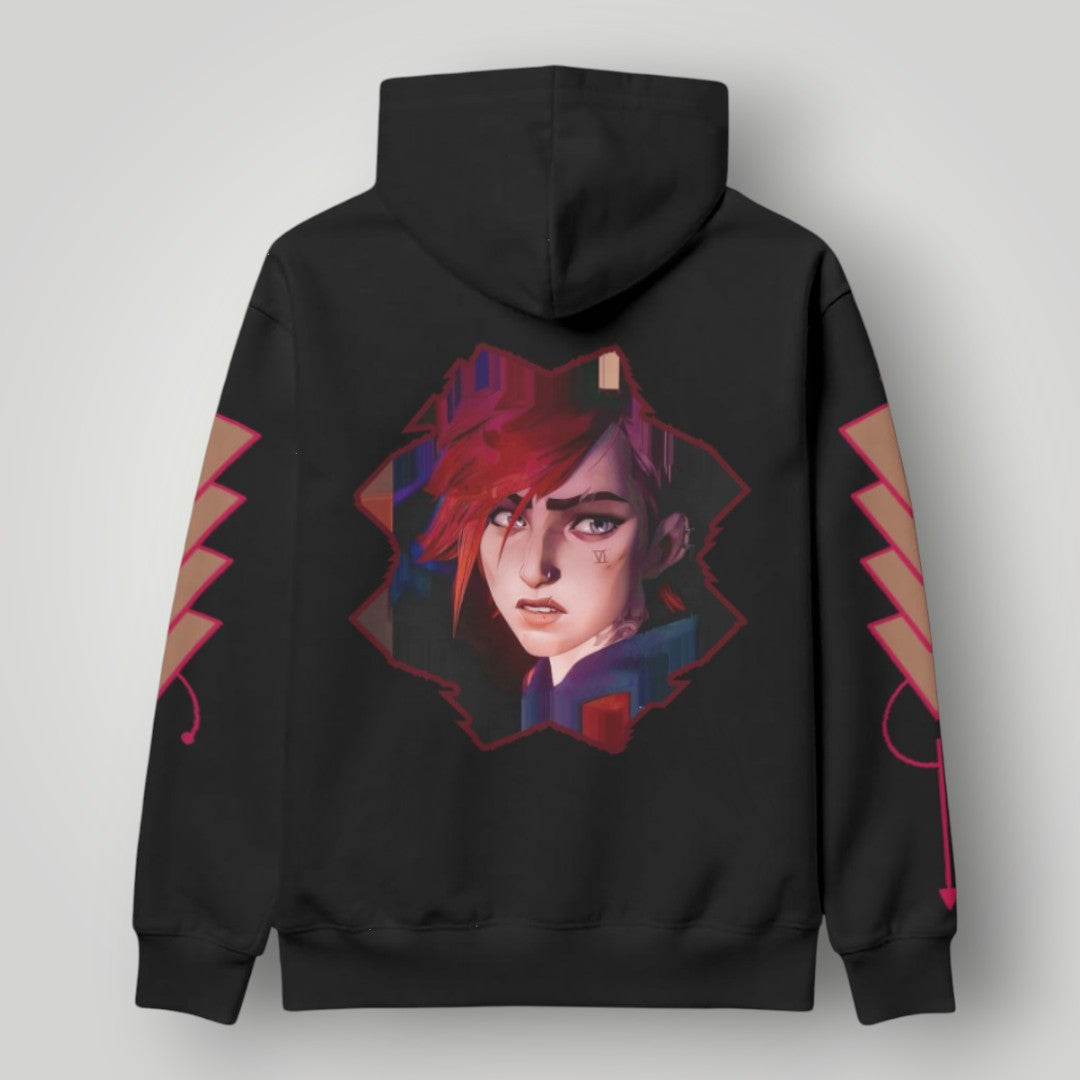 Arcane Vi inspired gamer hoodie front view

League of Legends Vi fan hoodie black

Anime streetwear Vi cosplay hoodie

Arcane style cyberpunk gamer sweatshirt