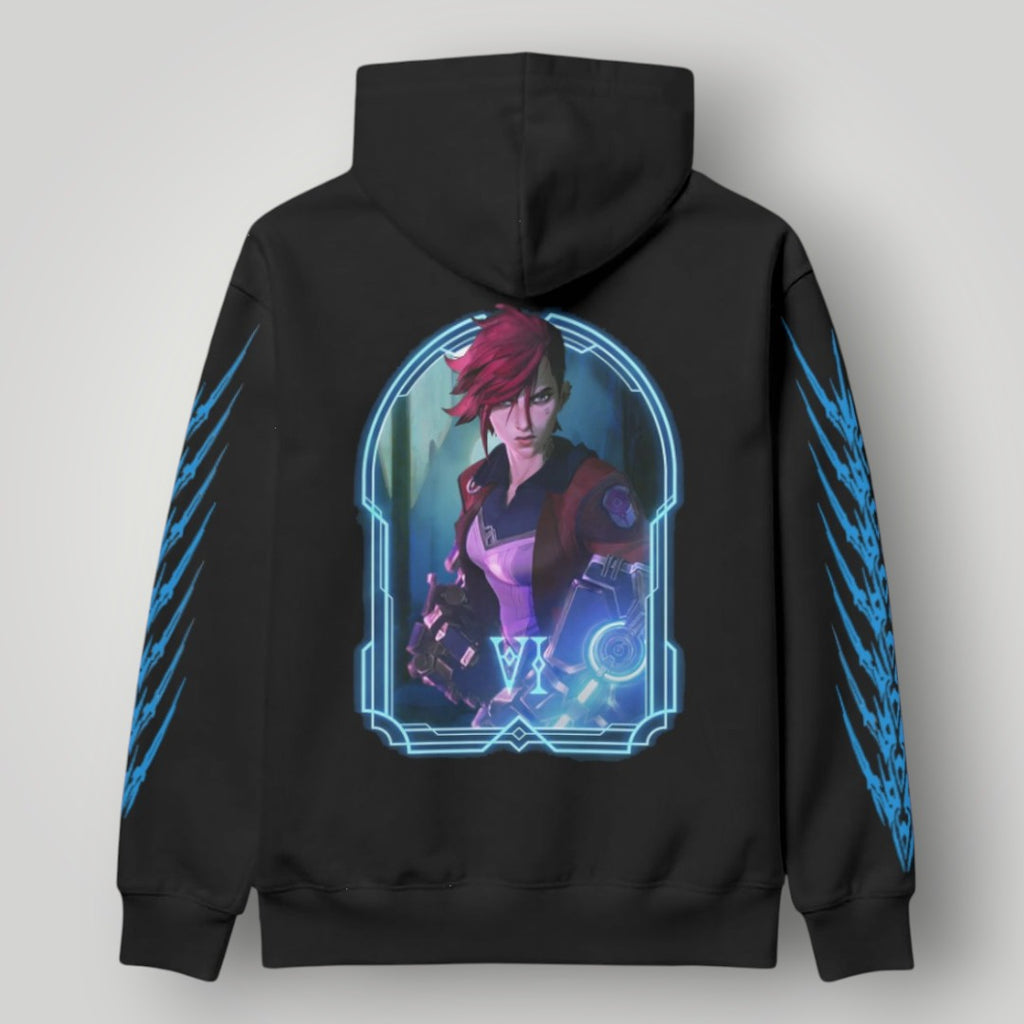 Arcane Vi inspired gamer hoodie front view

League of Legends Vi fan hoodie black

Anime streetwear Vi cosplay hoodie

Arcane style cyberpunk gamer sweatshirt