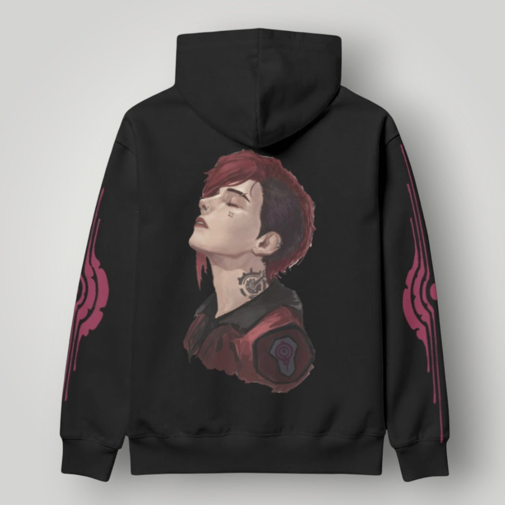 Arcane Vi inspired gamer hoodie front view

League of Legends Vi fan hoodie black

Anime streetwear Vi cosplay hoodie

Arcane style cyberpunk gamer sweatshirt