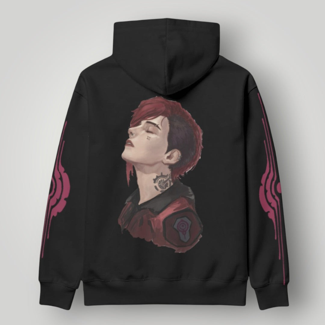 Arcane Vi inspired gamer hoodie front view

League of Legends Vi fan hoodie black

Anime streetwear Vi cosplay hoodie

Arcane style cyberpunk gamer sweatshirt