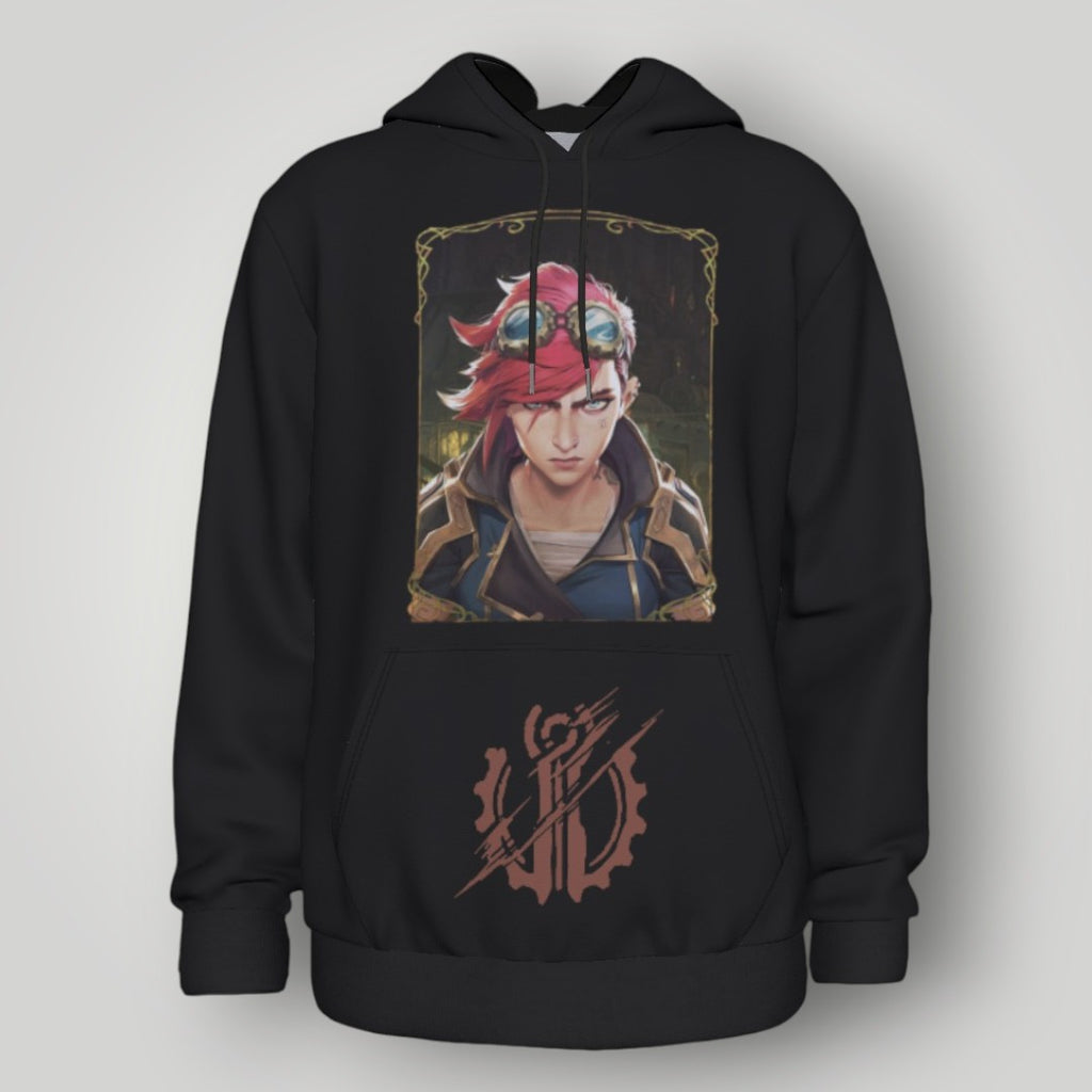 Arcane Vi inspired gamer hoodie front view

League of Legends Vi fan hoodie black

Anime streetwear Vi cosplay hoodie

Arcane style cyberpunk gamer sweatshirt
