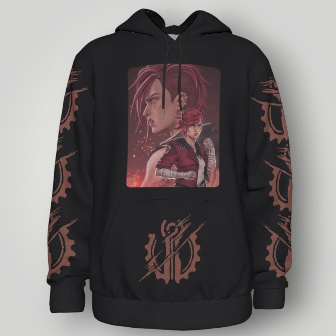 Arcane Vi inspired gamer hoodie front view

League of Legends Vi fan hoodie black

Anime streetwear Vi cosplay hoodie

Arcane style cyberpunk gamer sweatshirt