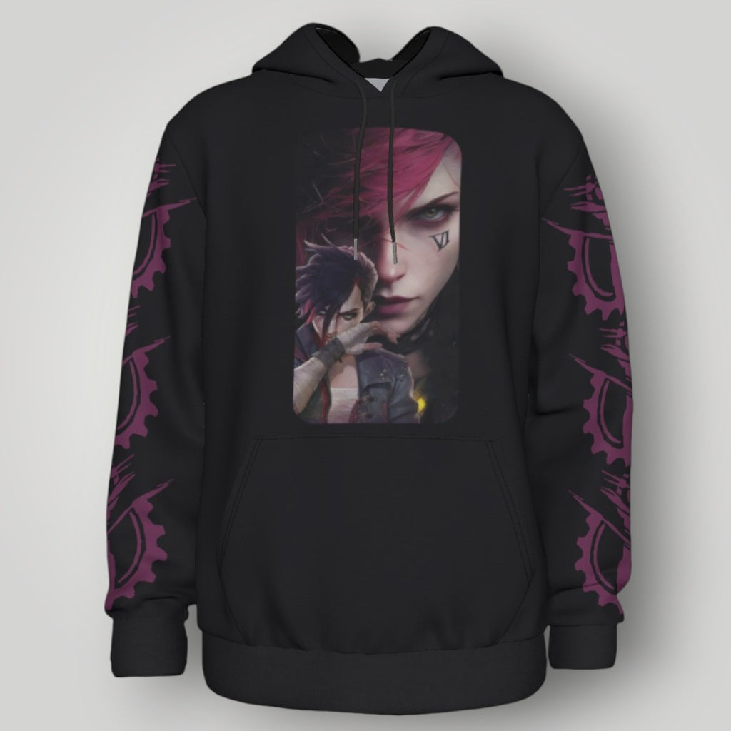 Arcane Vi inspired gamer hoodie front view

League of Legends Vi fan hoodie black

Anime streetwear Vi cosplay hoodie

Arcane style cyberpunk gamer sweatshirt
