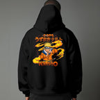 Black pullover hoodie featuring Naruto Uzumaki portrait on chest and vertical orange Japanese Kanji text on sleeves, worn by model on grey background.