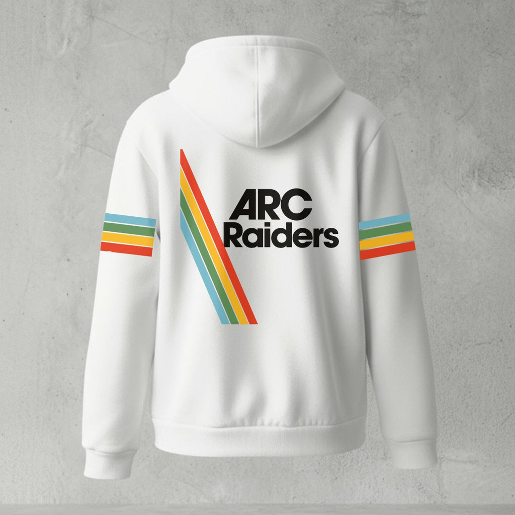 White hoodie with 'ARC Raiders' logo on a gray background