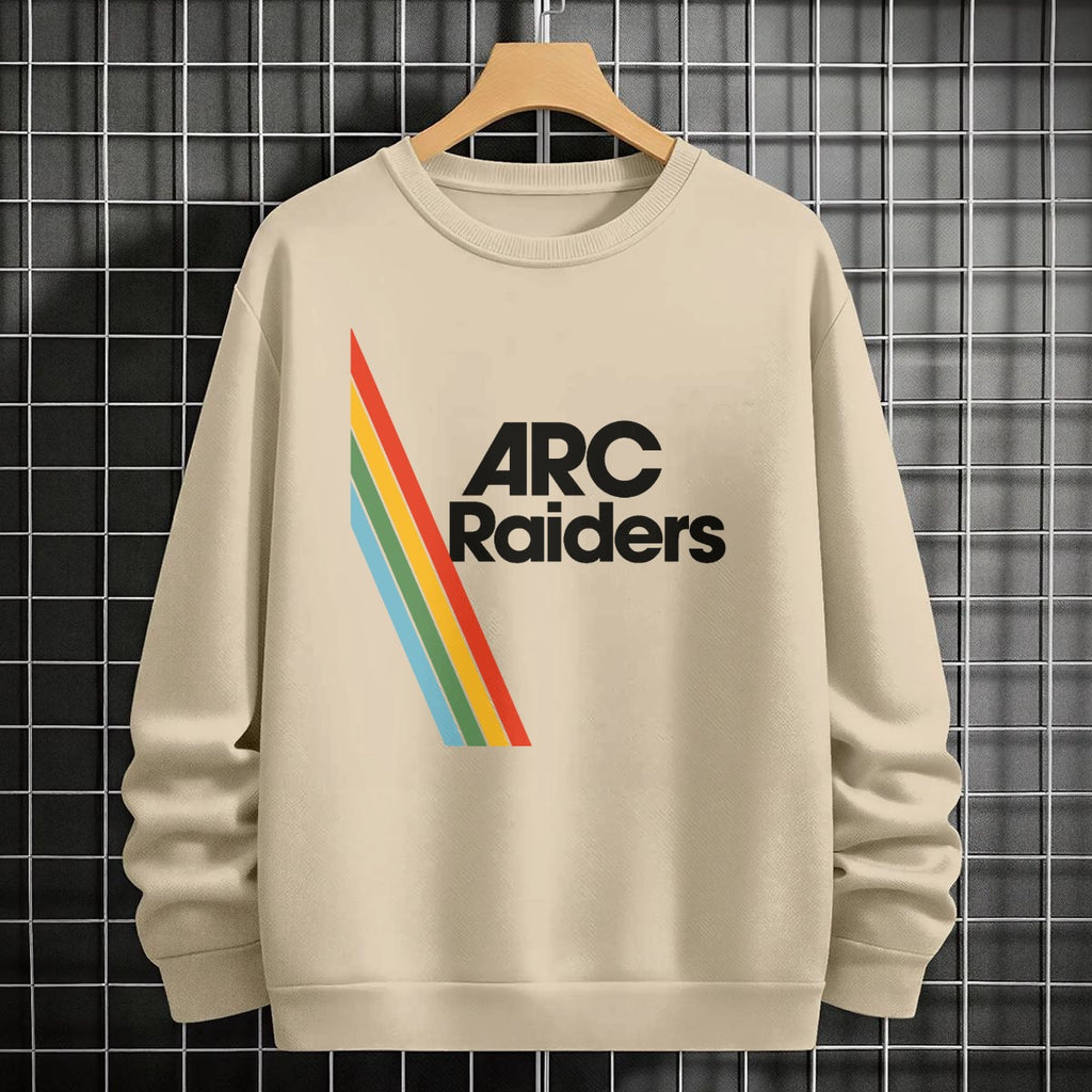 Beige sweatshirt with 'ARC Raiders' design on a hanger against a tiled wall background