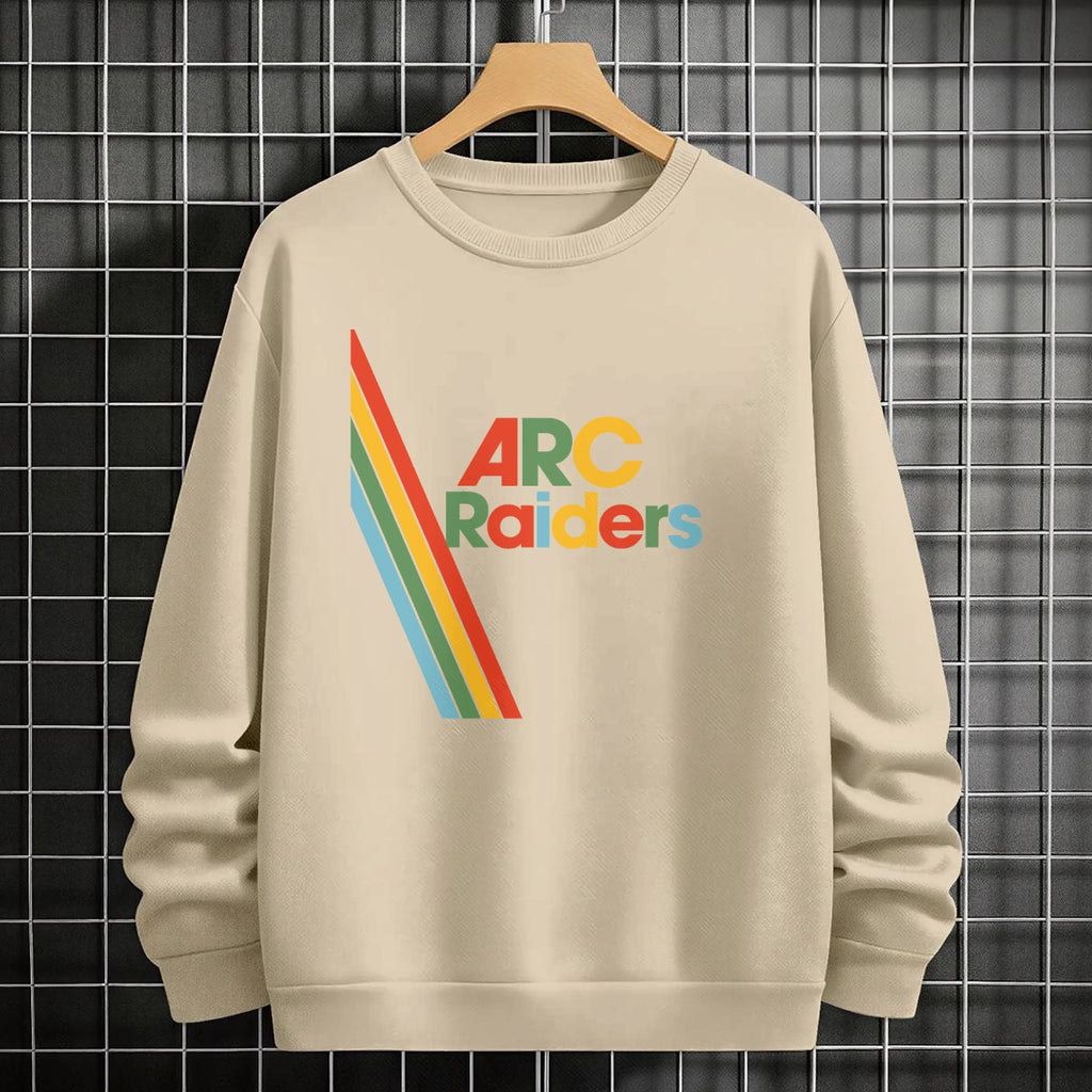 Beige sweatshirt with 'ARC Raiders' design on a hanger against a tiled wall background