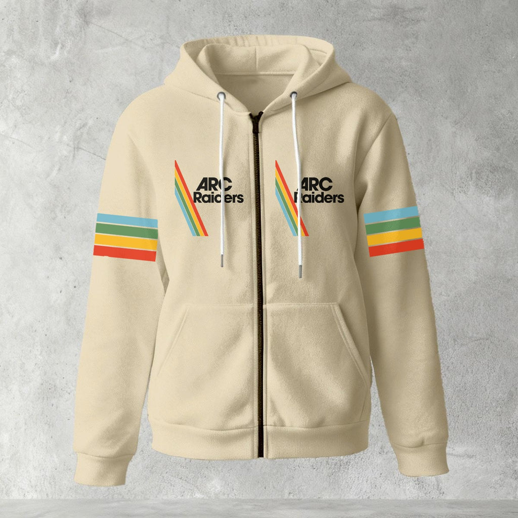 Beige hoodie with rainbow striped sleeves and logo on a gray background