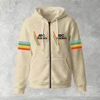Beige hoodie with rainbow striped sleeves and logo on a gray background
