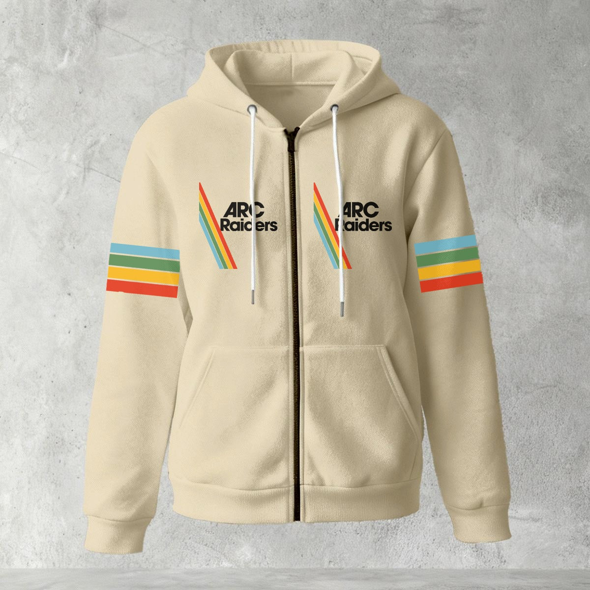 Beige hoodie with rainbow striped sleeves and logo on a gray background