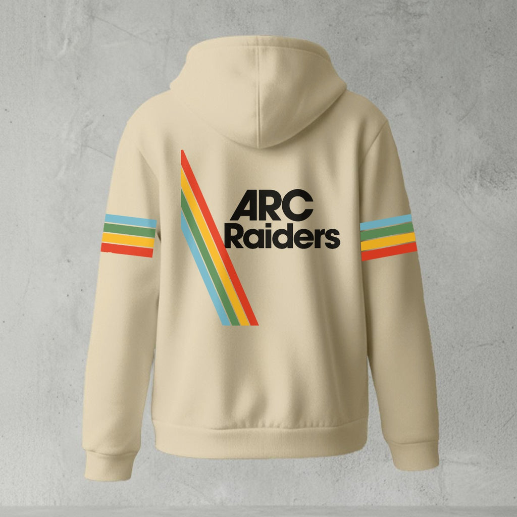 Beige hoodie with 'ARC Raiders' logo on the back against a gray background