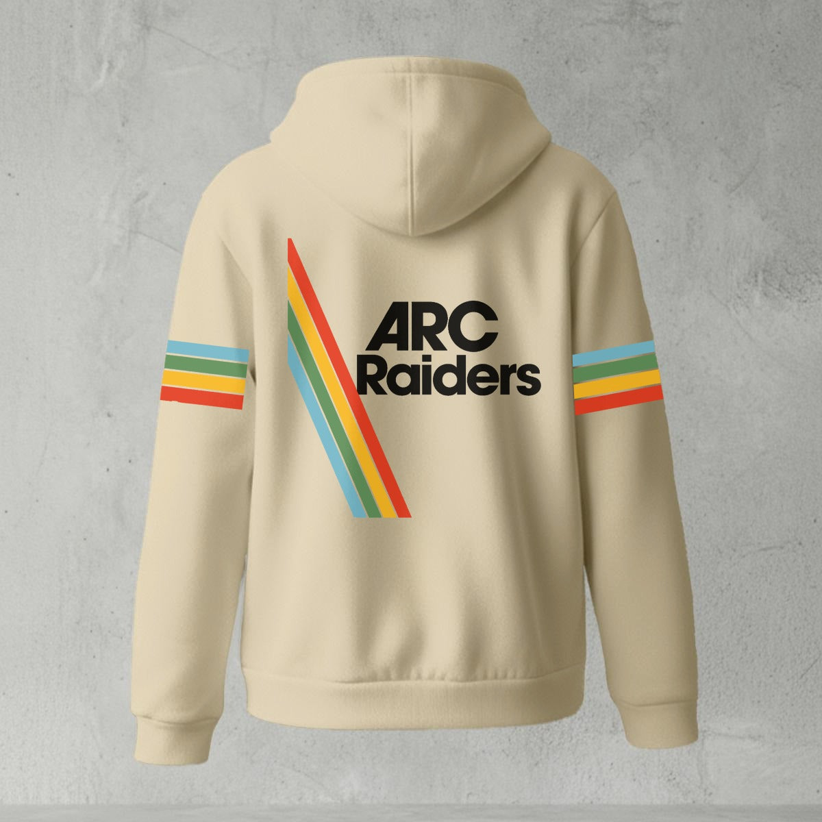 Beige hoodie with 'ARC Raiders' logo on the back against a gray background