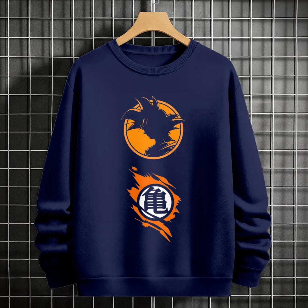 Black crewneck sweatshirt featuring Goku shadow silhouette with blue and pink neon aura and vertical Japanese text, flat lay on grey background.