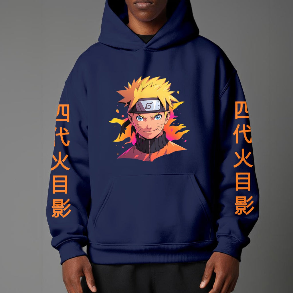 Black pullover hoodie featuring Naruto Uzumaki portrait on chest and vertical orange Japanese Kanji text on sleeves, worn by model on grey background.