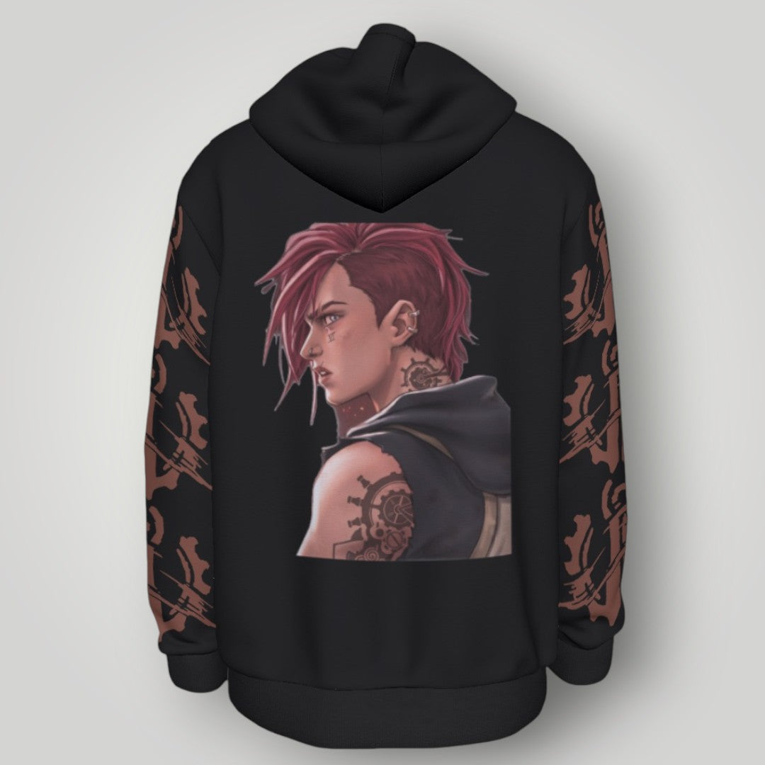 Arcane Vi inspired gamer hoodie front view

League of Legends Vi fan hoodie black

Anime streetwear Vi cosplay hoodie

Arcane style cyberpunk gamer sweatshirt
