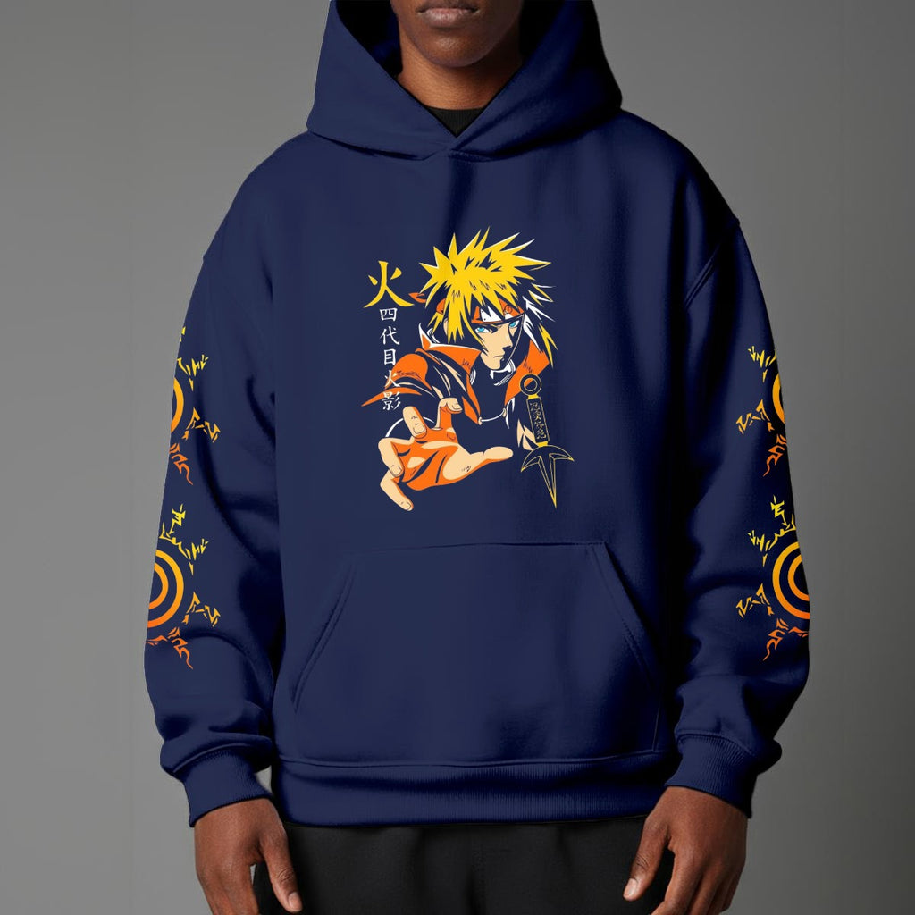 Black pullover hoodie featuring Naruto Uzumaki portrait on chest and vertical orange Japanese Kanji text on sleeves, worn by model on grey background.