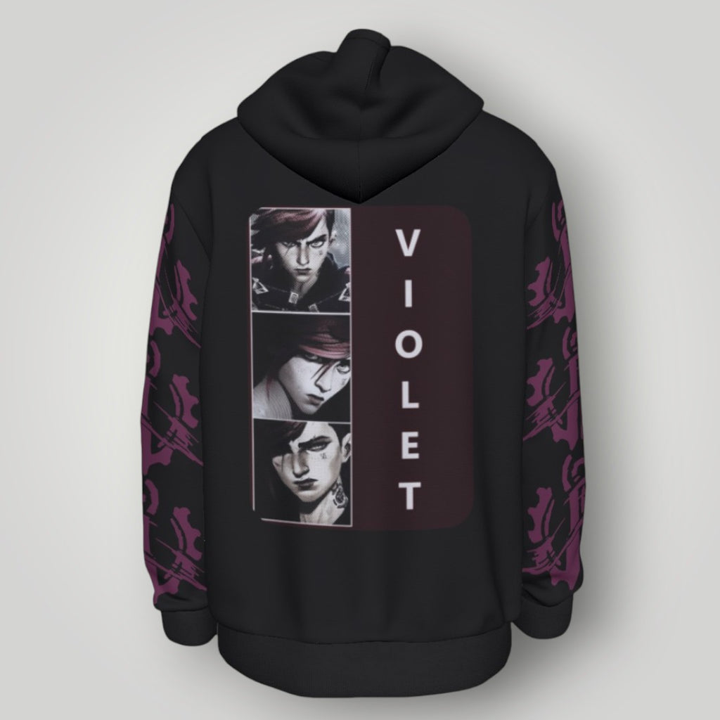 Arcane Vi inspired gamer hoodie front view

League of Legends Vi fan hoodie black

Anime streetwear Vi cosplay hoodie

Arcane style cyberpunk gamer sweatshirt