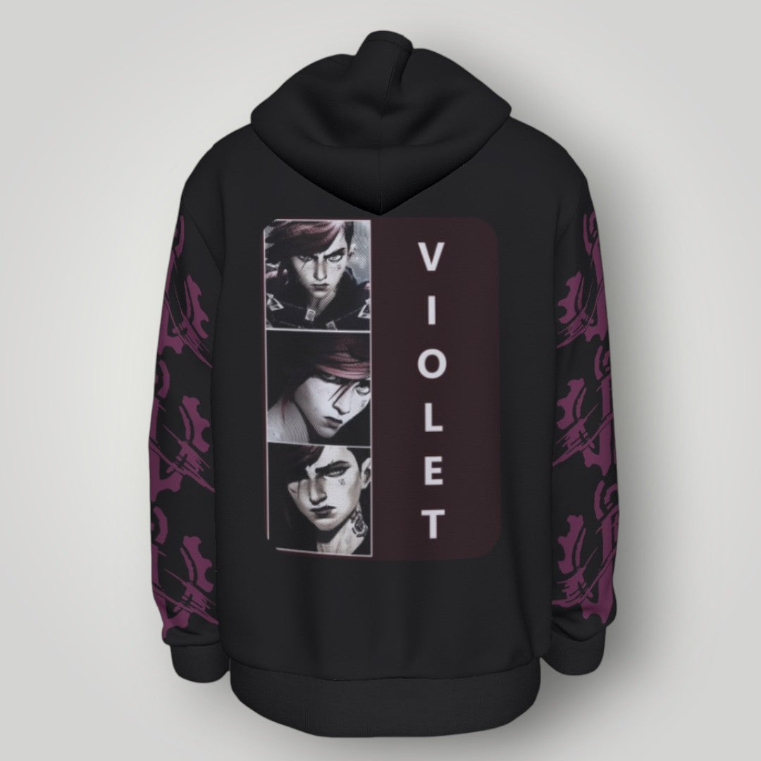 Arcane Vi inspired gamer hoodie front view

League of Legends Vi fan hoodie black

Anime streetwear Vi cosplay hoodie

Arcane style cyberpunk gamer sweatshirt