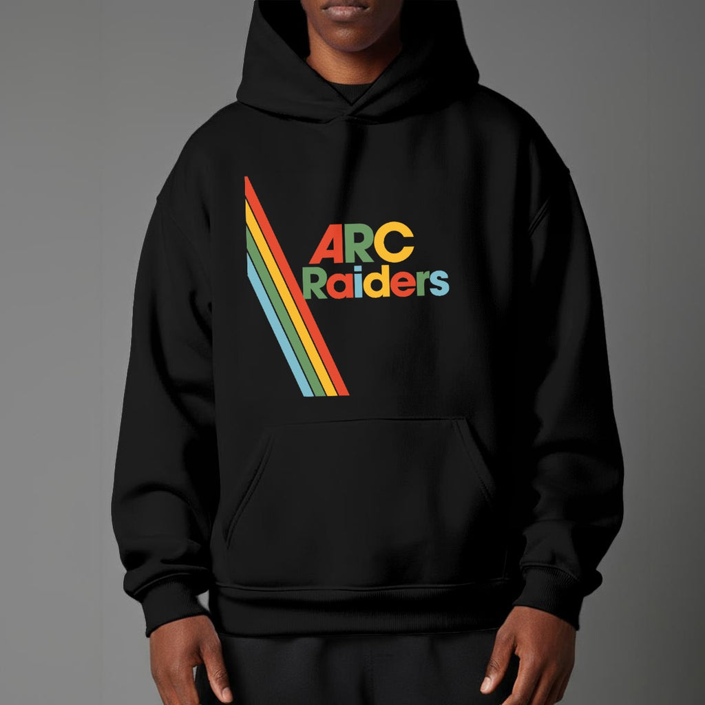 Black hoodie with 'ARC Raiders' colorful design on a gray background