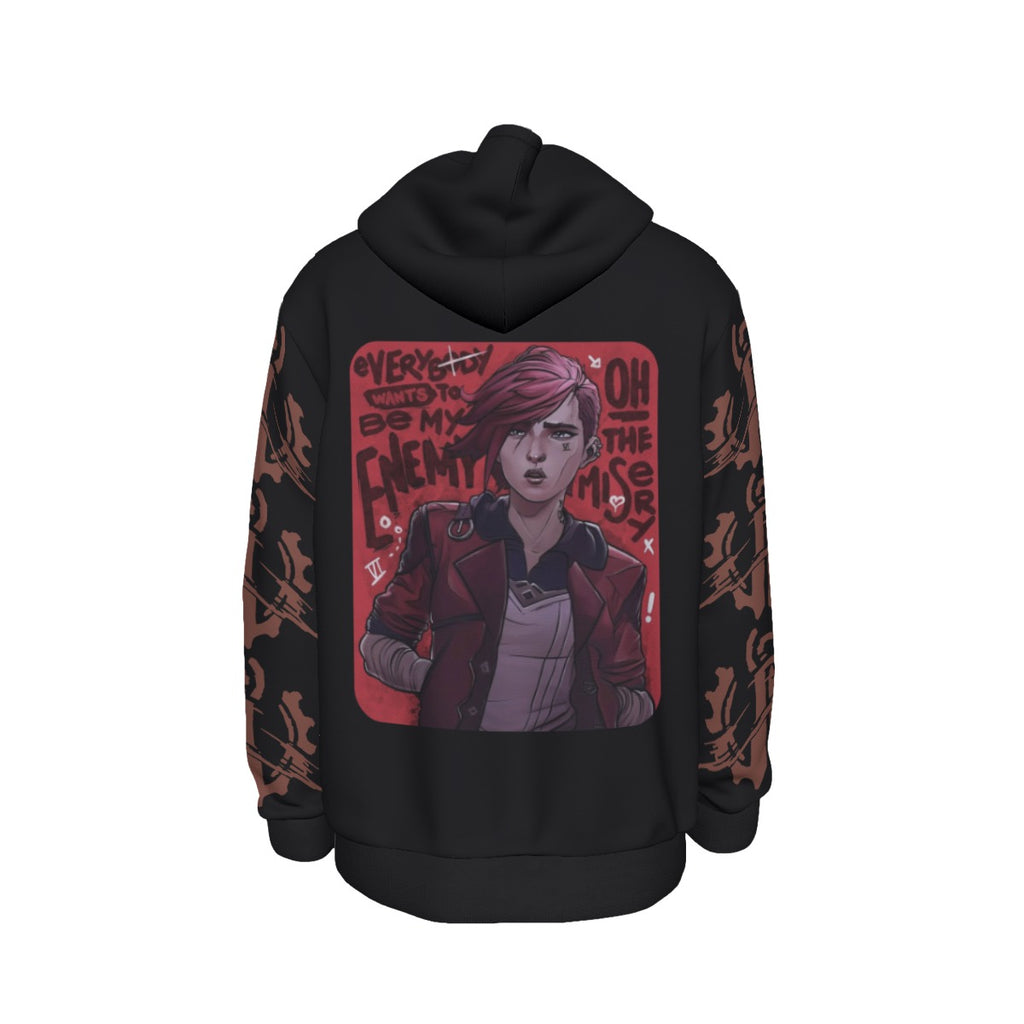 Arcane Vi inspired gamer hoodie front view

League of Legends Vi fan hoodie black

Anime streetwear Vi cosplay hoodie

Arcane style cyberpunk gamer sweatshirt