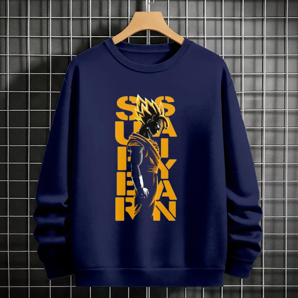 Black crewneck sweatshirt featuring Goku shadow silhouette with blue and pink neon aura and vertical Japanese text, flat lay on grey background.