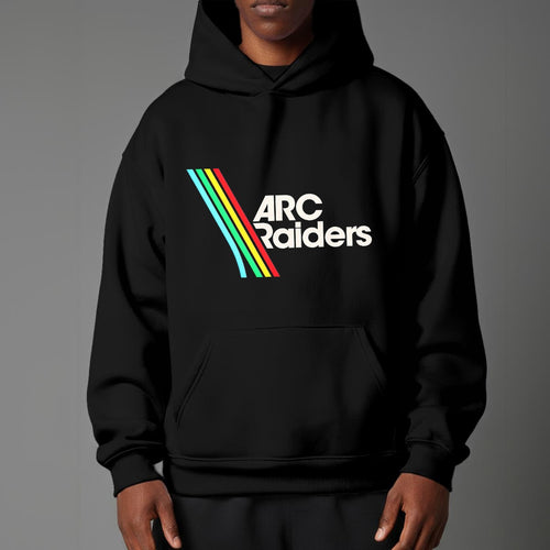 Black hoodie with 'ARC Raiders' logo on a gray background
